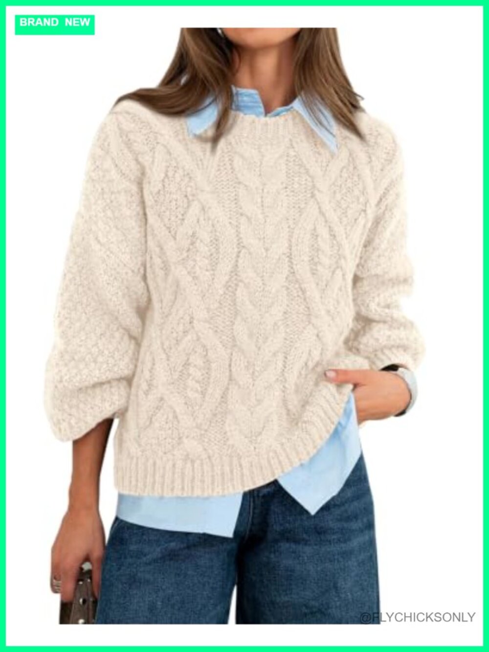 Womens Oversized Cable Knit Crew Neck Pullover Sweater Long Sleeve